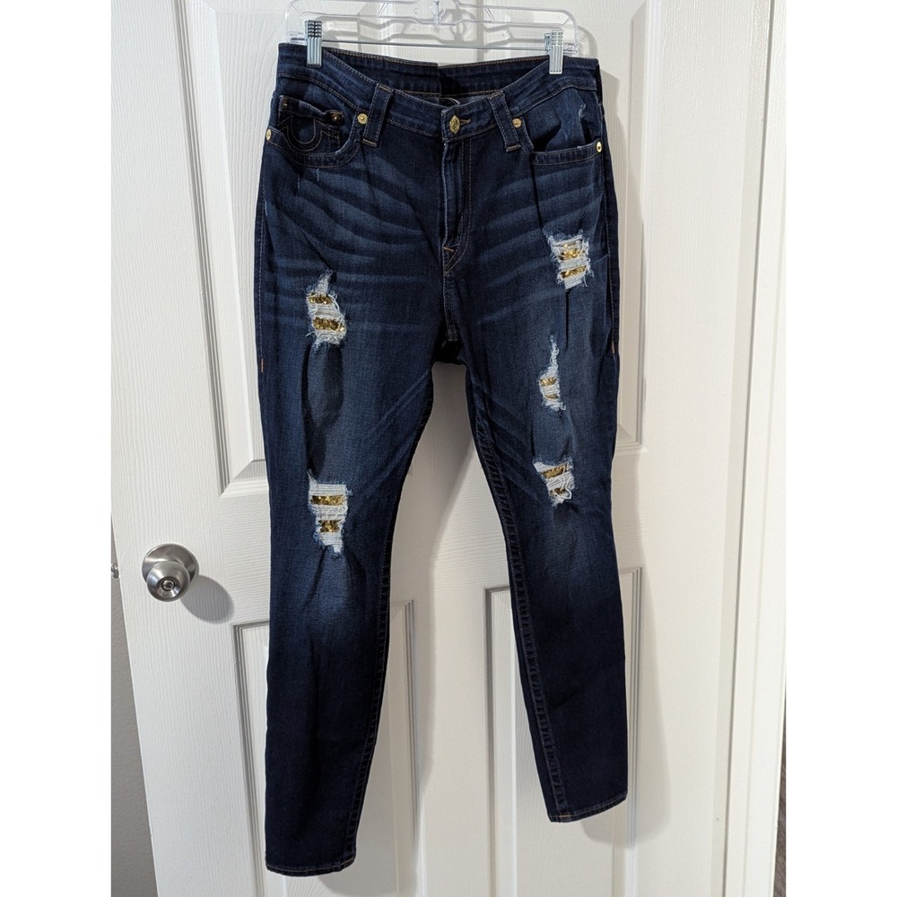 True Religion Blue Veins Gold Sequin Curvy Skinny Jeans Women's 34